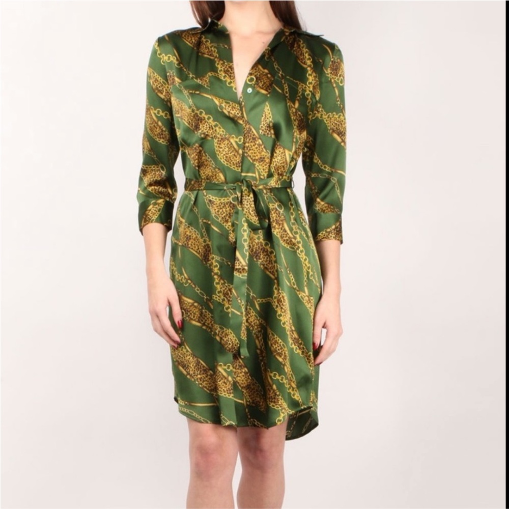 L'AGENCE Stella 100% Silk Short Shirt Dress Robe Satin Forest Green Pleat Sleeve